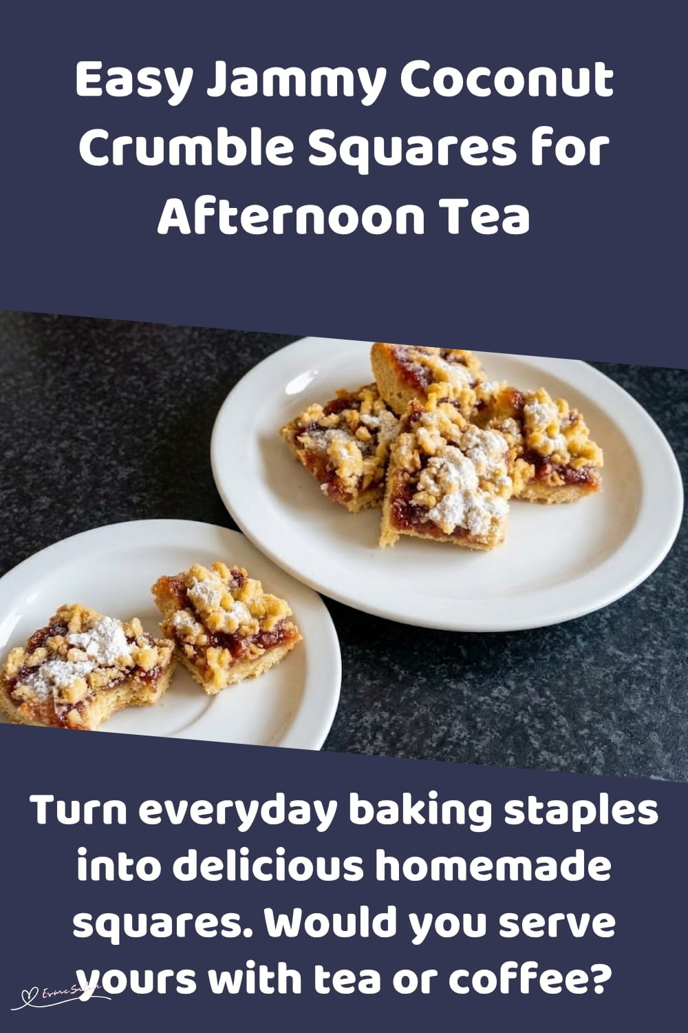An image of crumble squares with strawberry or apricot jam and a topping of crumble with coconut, chopped nuts and icing to your liking