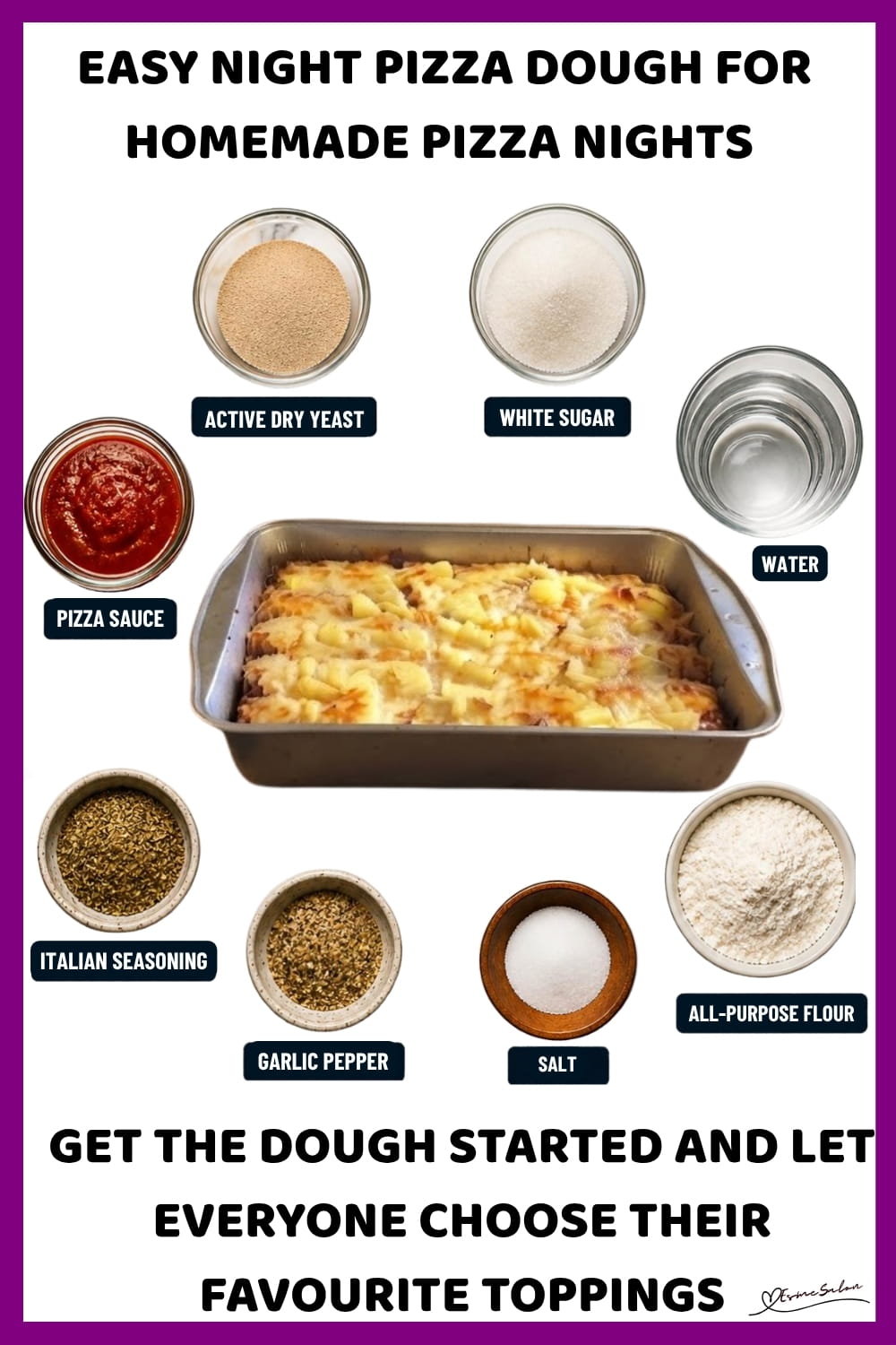 An image of a baking tray with pizza dough, with garlic and Italian seasoning in the dough