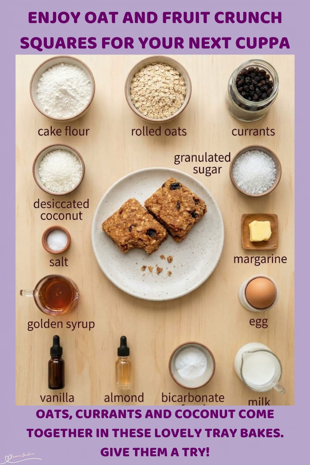 An image of a dish of Oat and Fruit Crunch Squares made of rolled oats, currants, coconut and golden syrup