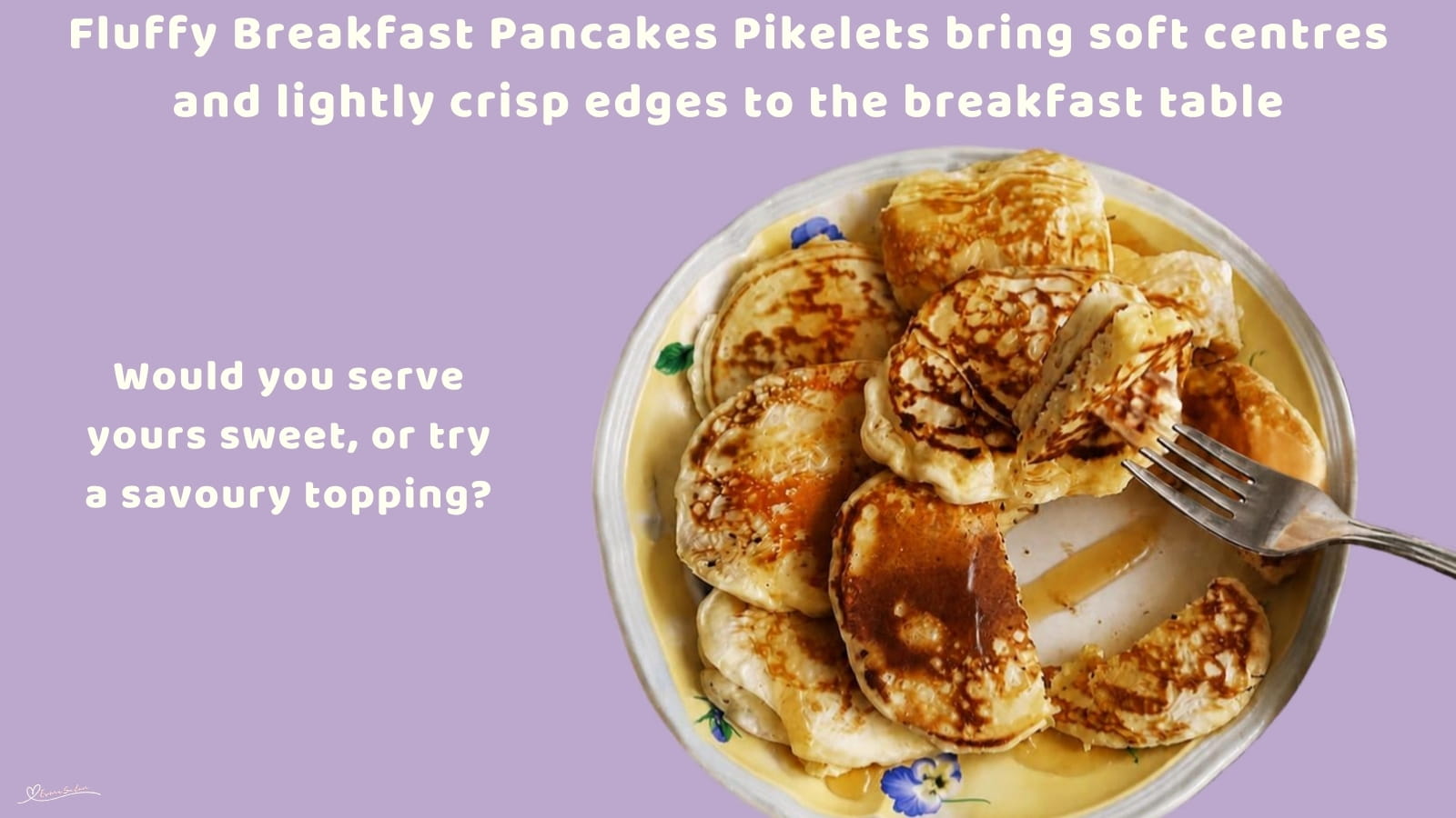 An image of a stack of Fluffy Breakfast Pancakes Pikelets with a bottle of syrup on the side