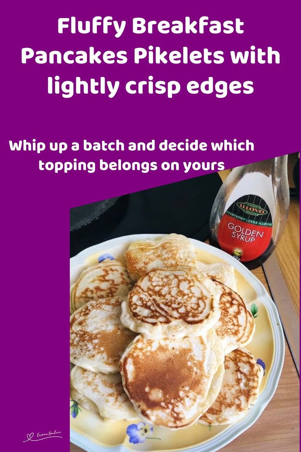 An image of a stack of Fluffy Breakfast Pancakes Pikelets with a bottle of syrup on the side