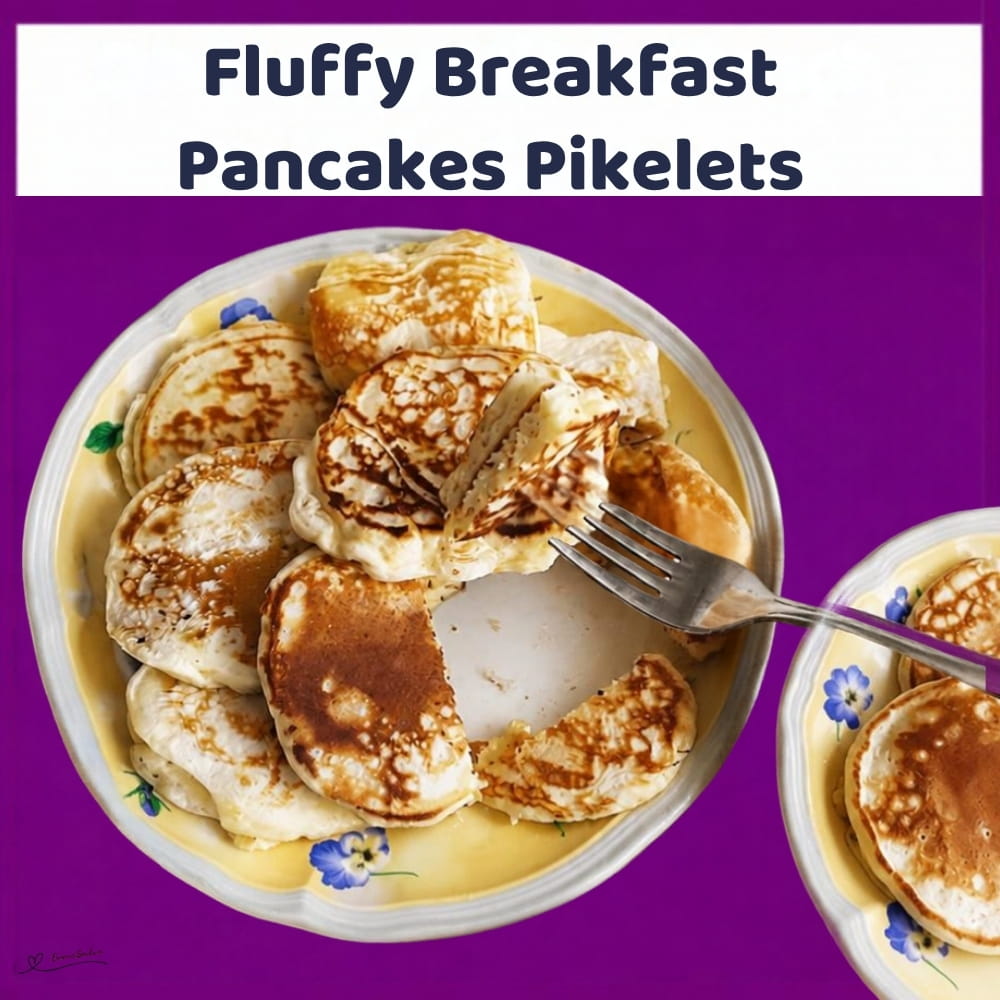 An image of a stack of Fluffy Breakfast Pancakes Pikelets with a bottle of syrup on the side