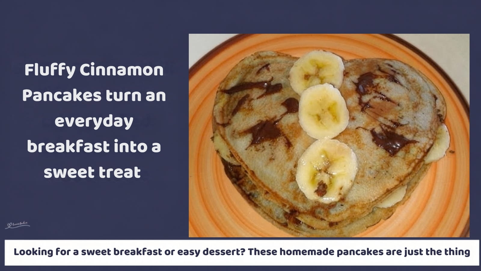 An image of heart-shaped cinnamon pancakes with Nutella and sliced bananas