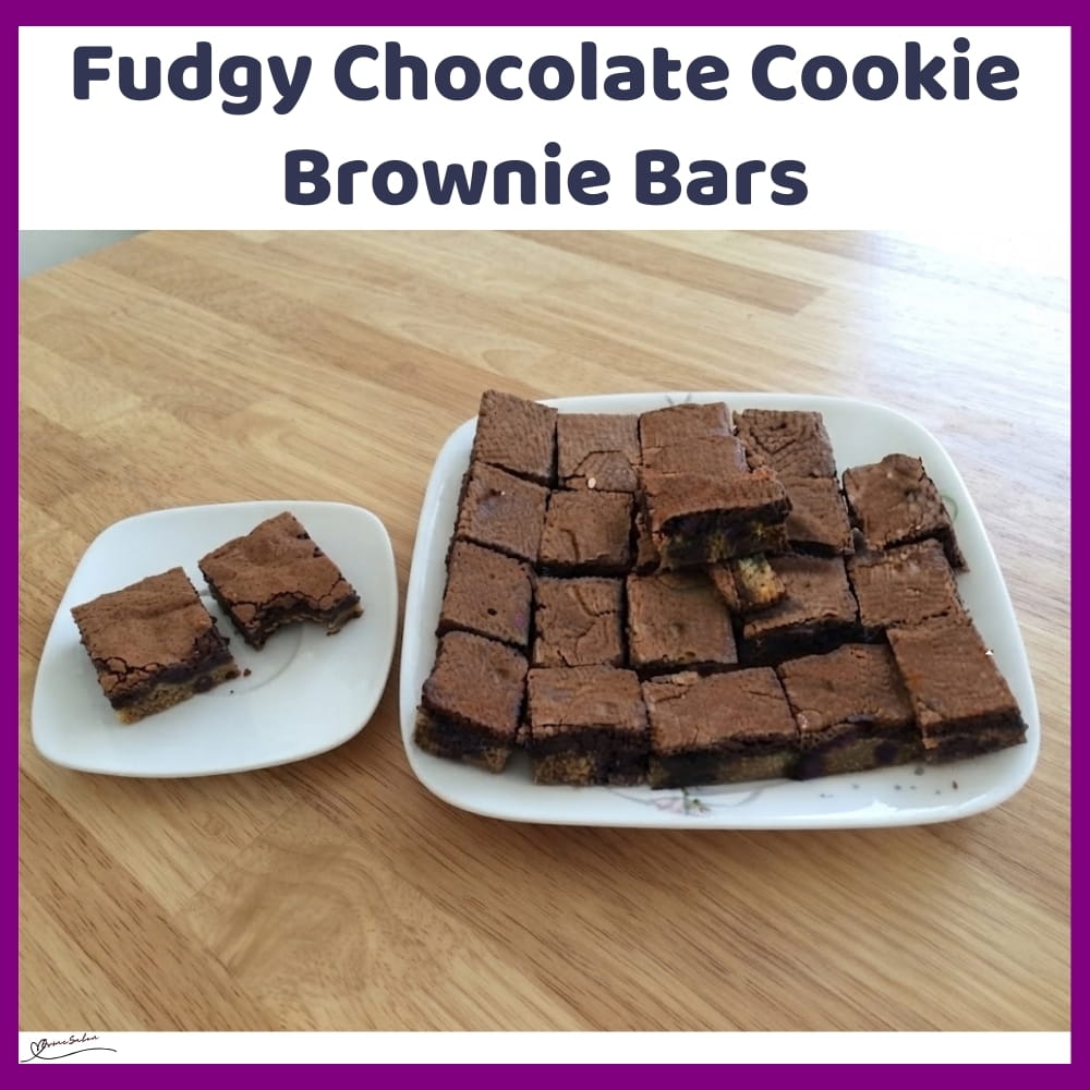 An image of a plate with Fudgy Chocolate Cookie Brownie Bars