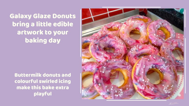 An image of Glazed Donuts with Buttermilk and Colourful Blue and Red Swirled Icing