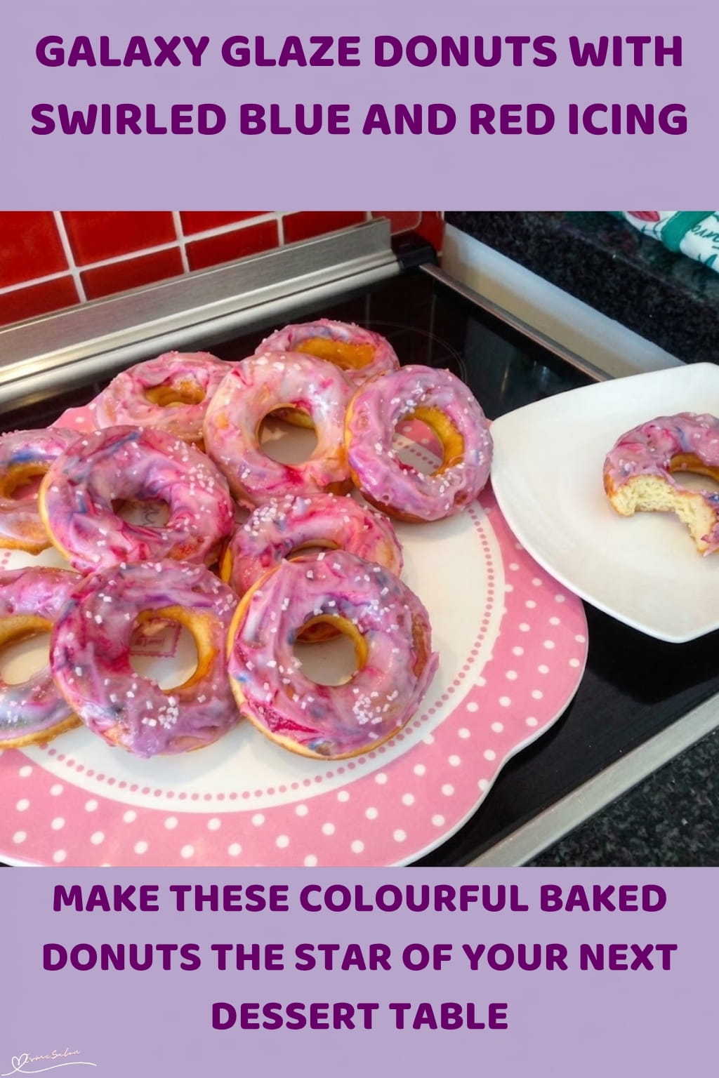 An image of Glazed Donuts with Buttermilk and Colourful Blue and Red Swirled Icing