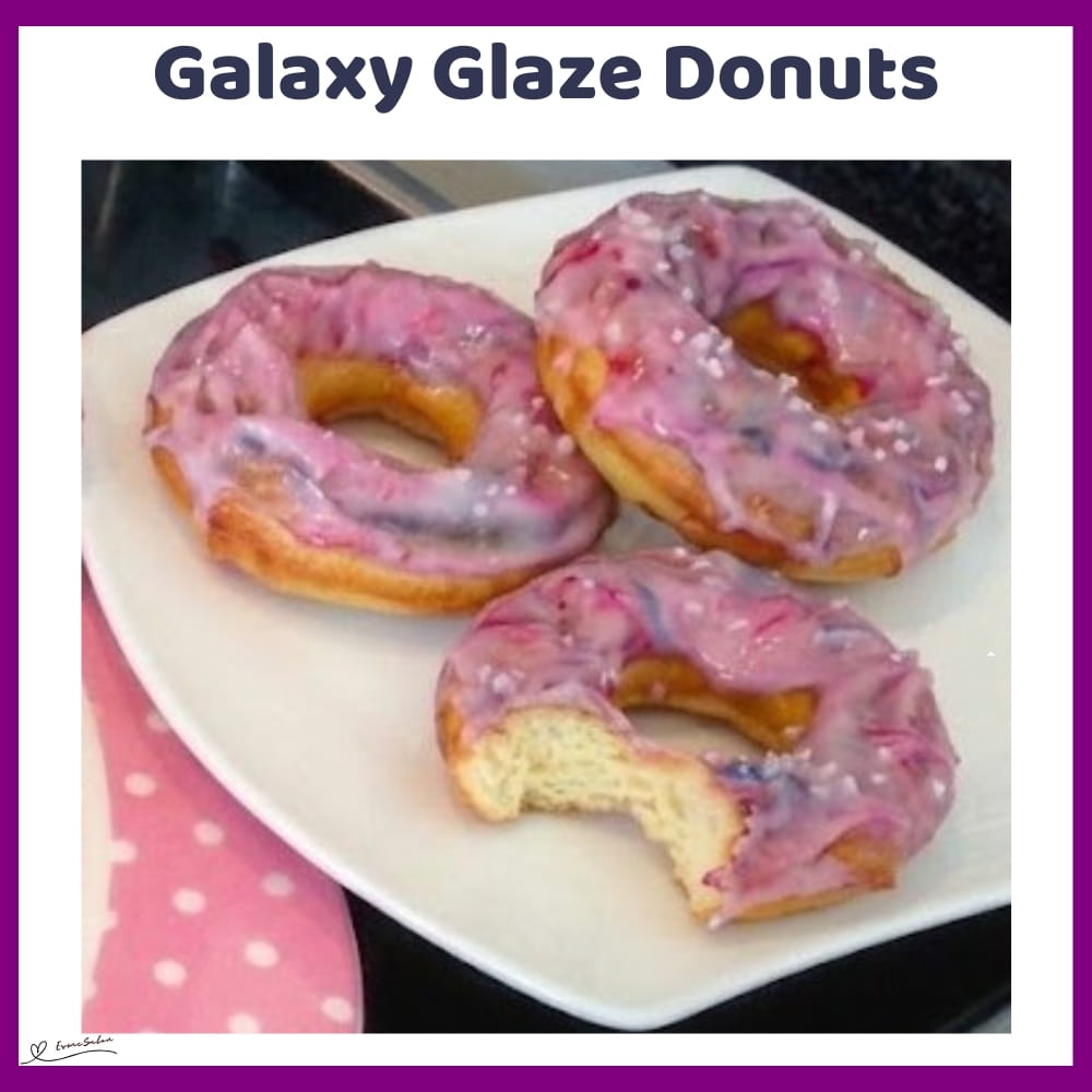 An image of Glazed Donuts with Buttermilk and Colourful Blue and Red Swirled Icing