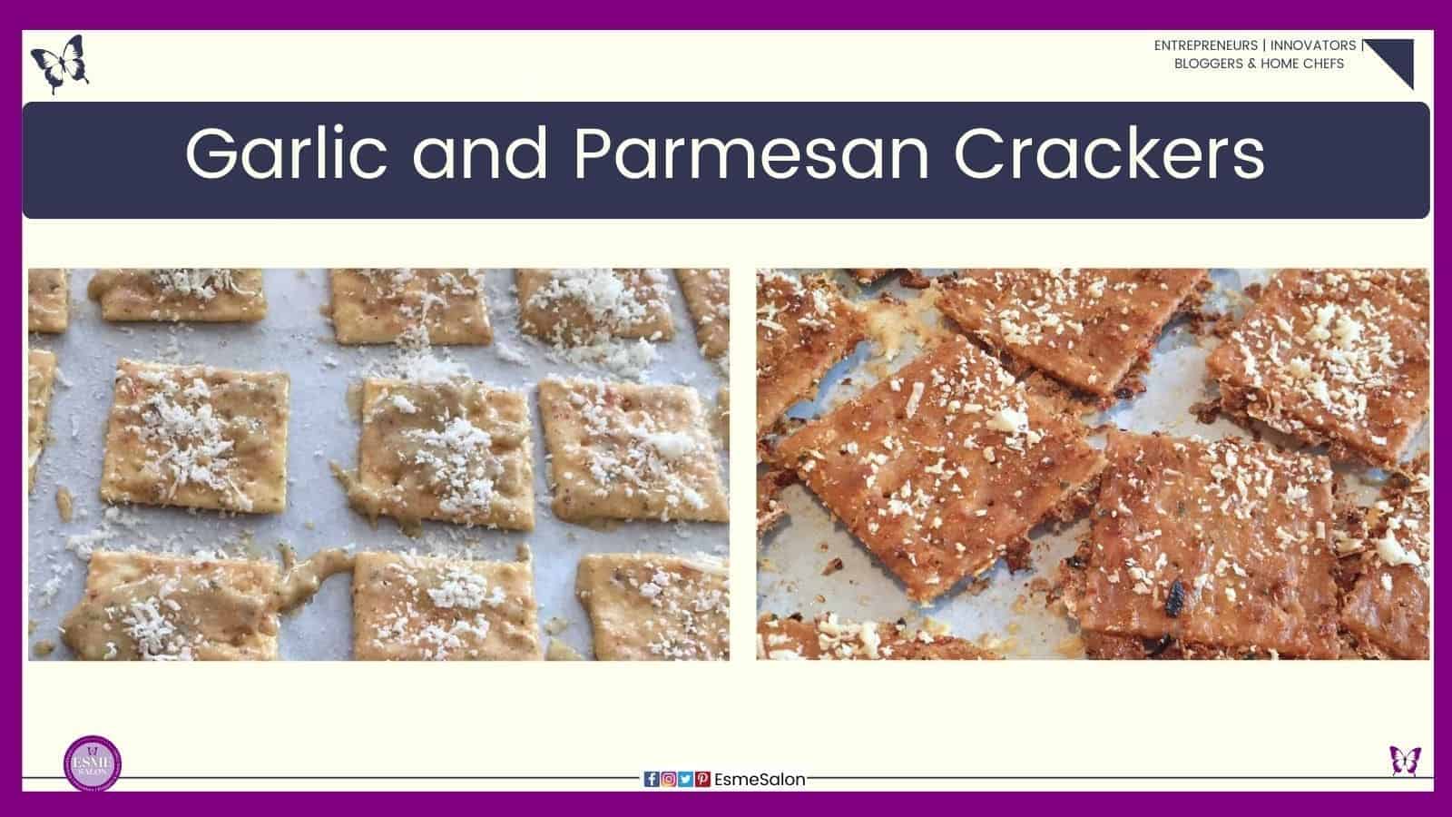 an image of baked and unbaked Garlic and Parmesan Crackers