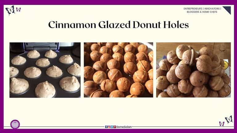 an image of a baking tray filled with Cinnamon Glazed Donut Holes as well as some still raw in the small baby pop machine ready for baking