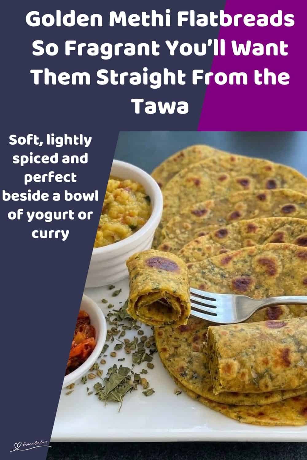 An image of a plate of Golden Methi Flatbreads made with whole wheat flour, yogurt, dried fenugreek and warm spices