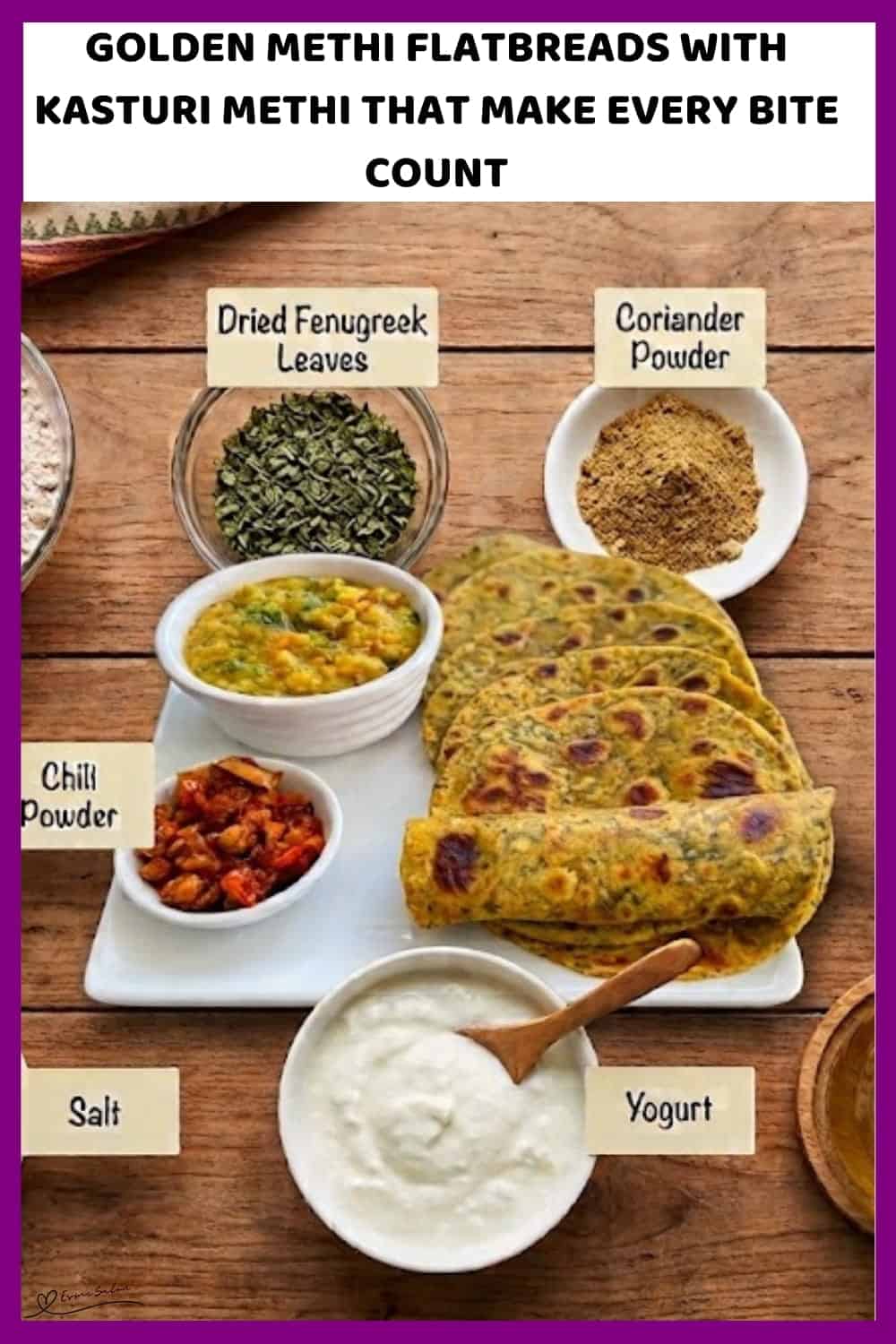 An image of a plate of Golden Methi Flatbreads made with whole wheat flour, yogurt, dried fenugreek and warm spices