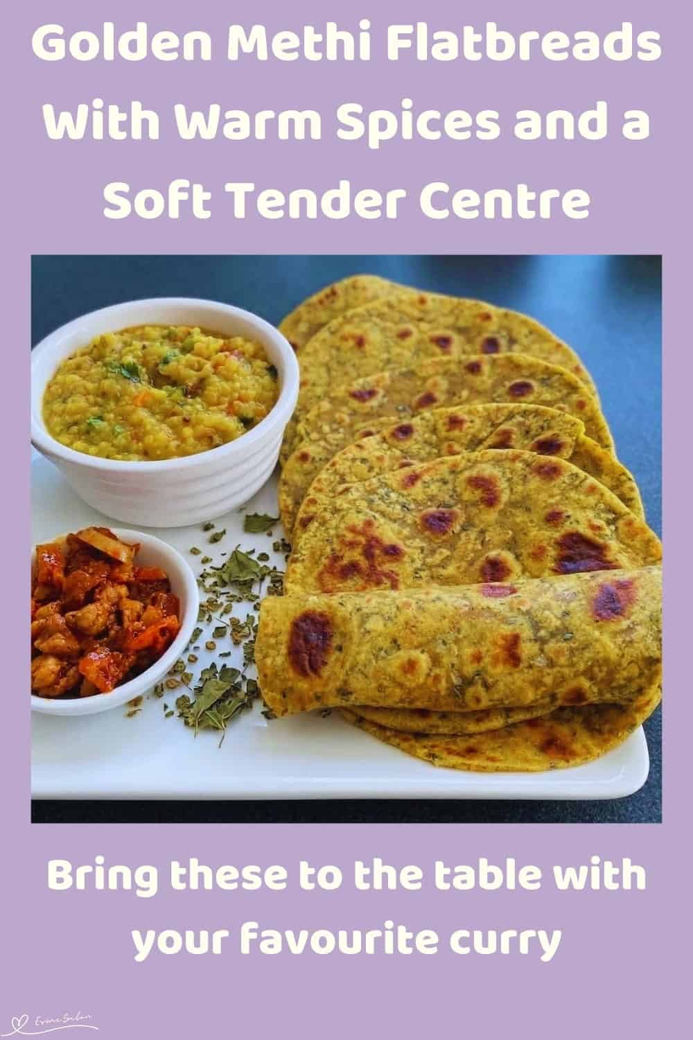 An image of a plate of Golden Methi Flatbreads made with whole wheat flour, yogurt, dried fenugreek and warm spices