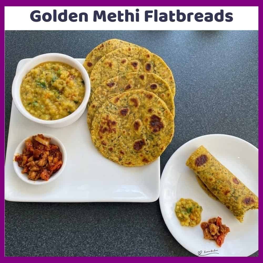 An image of a plate of Golden Methi Flatbreads made with whole wheat flour, yogurt, dried fenugreek and warm spices