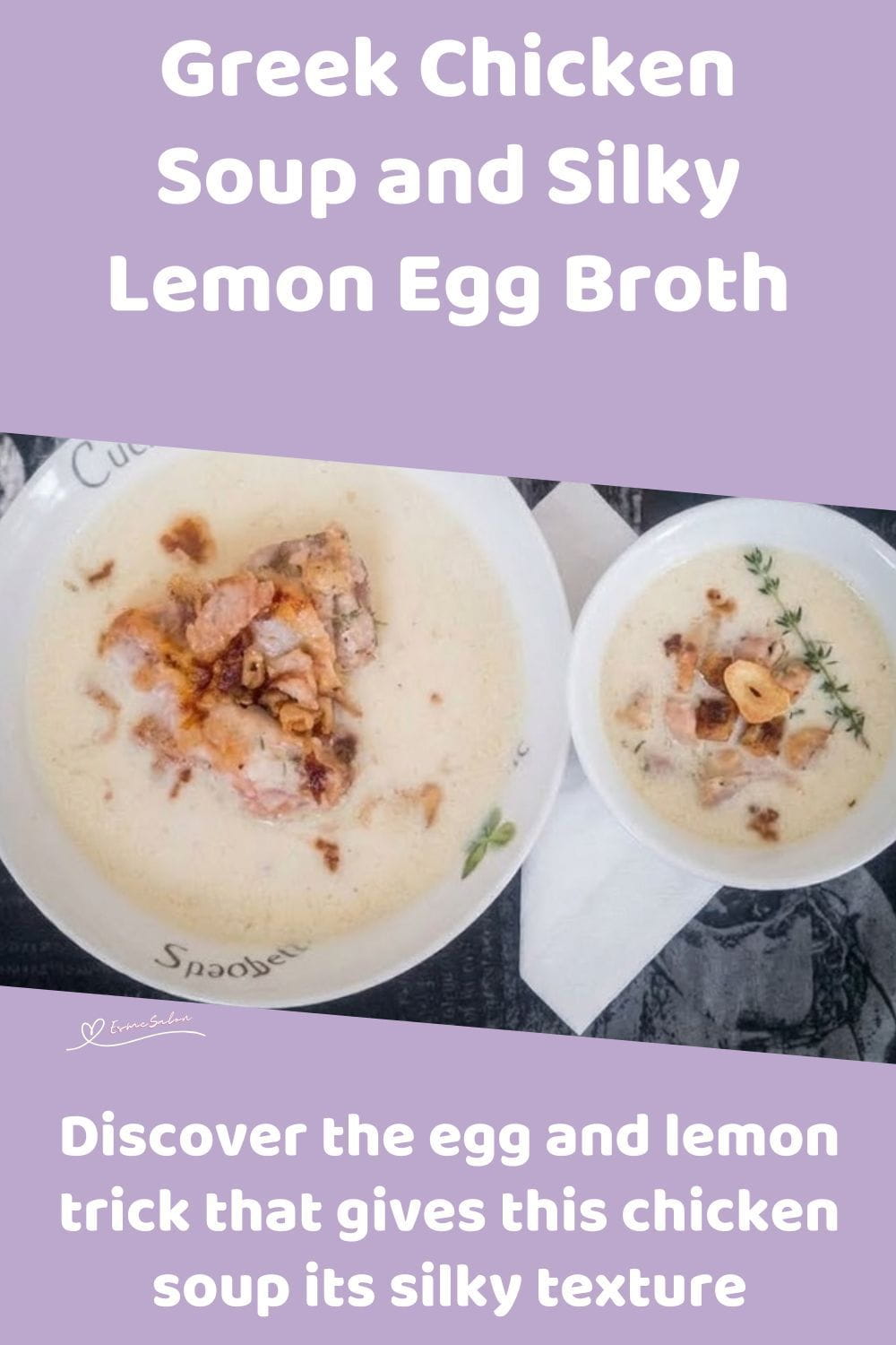 An image of a soup bowl filled with Lemony Greek Chicken Soup and Crispy chicken skin