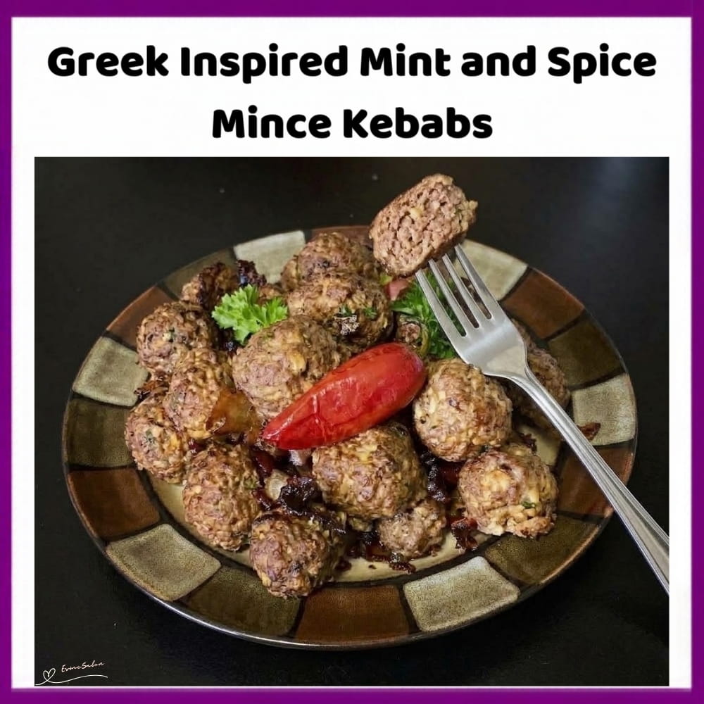 An image of a dish of Mint and Spice Mince Kebabs with flatbread and served with hummus
