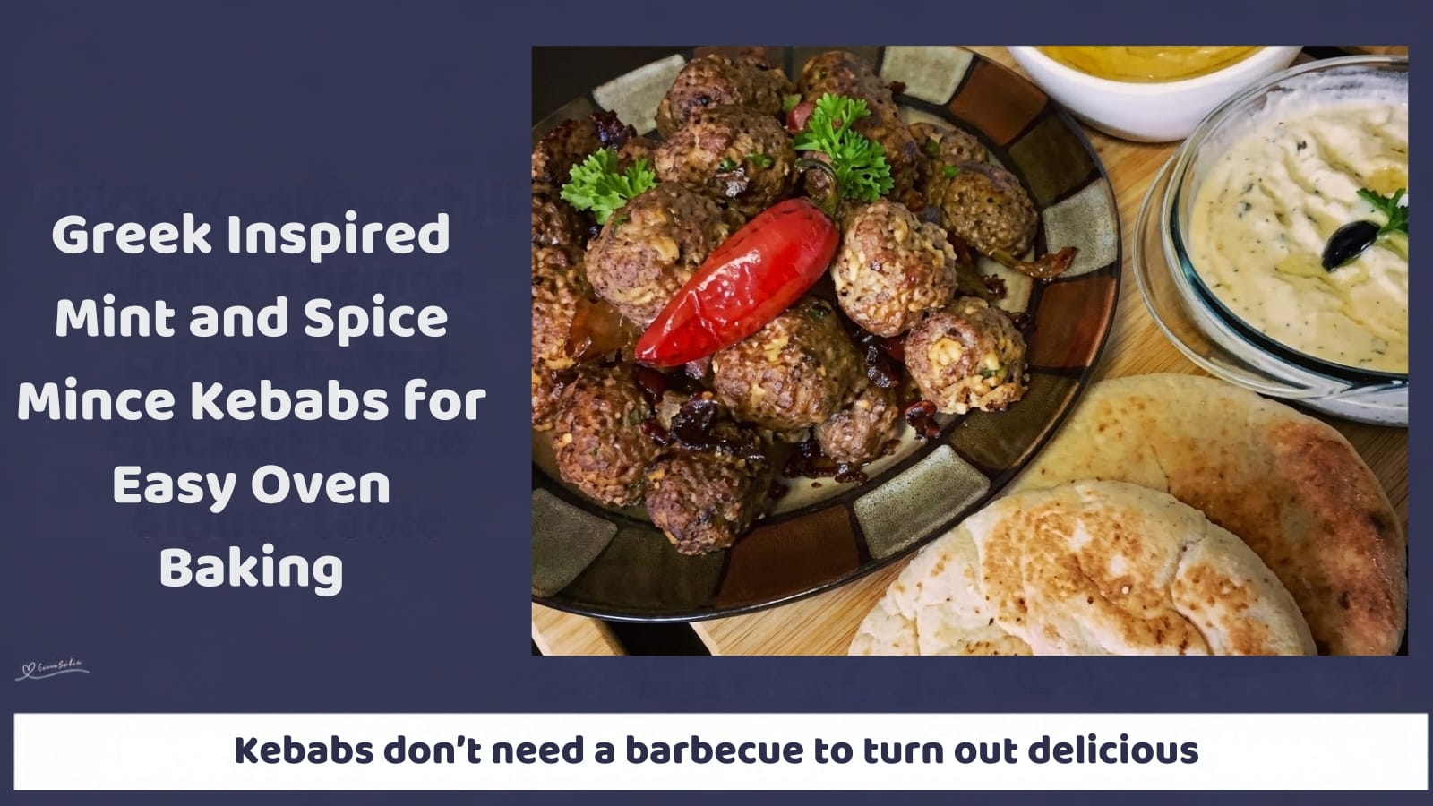 An image of a dish of Mint and Spice Mince Kebabs with flatbread and served with hummus
