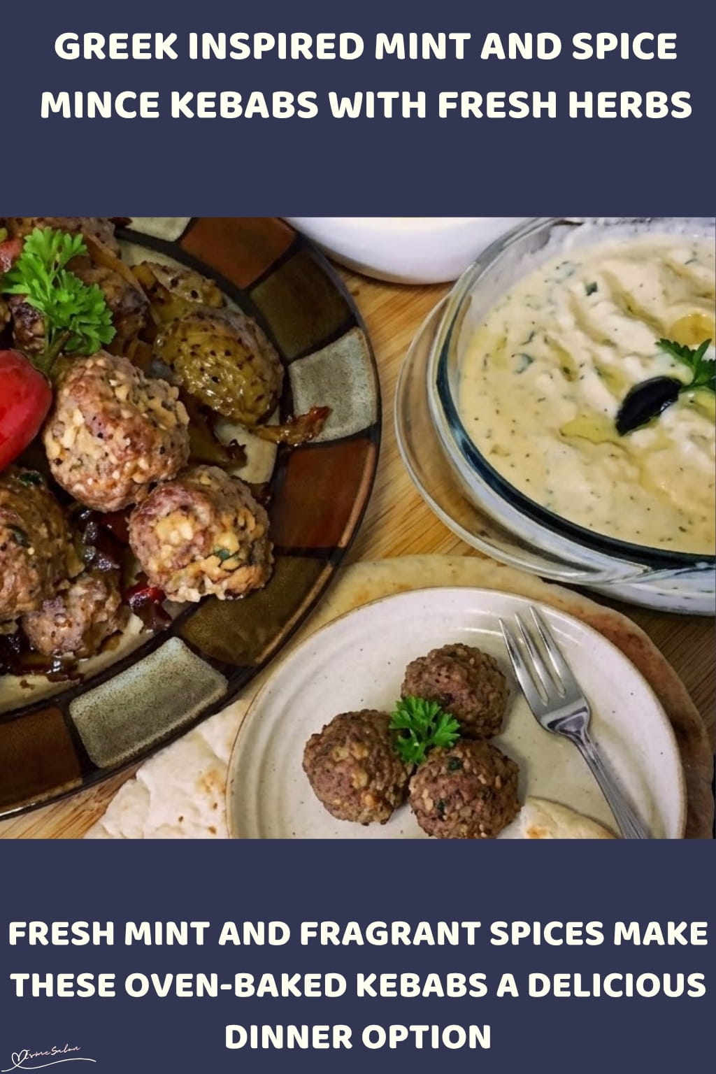 An image of a dish of Mint and Spice Mince Kebabs with flatbread and served with hummus