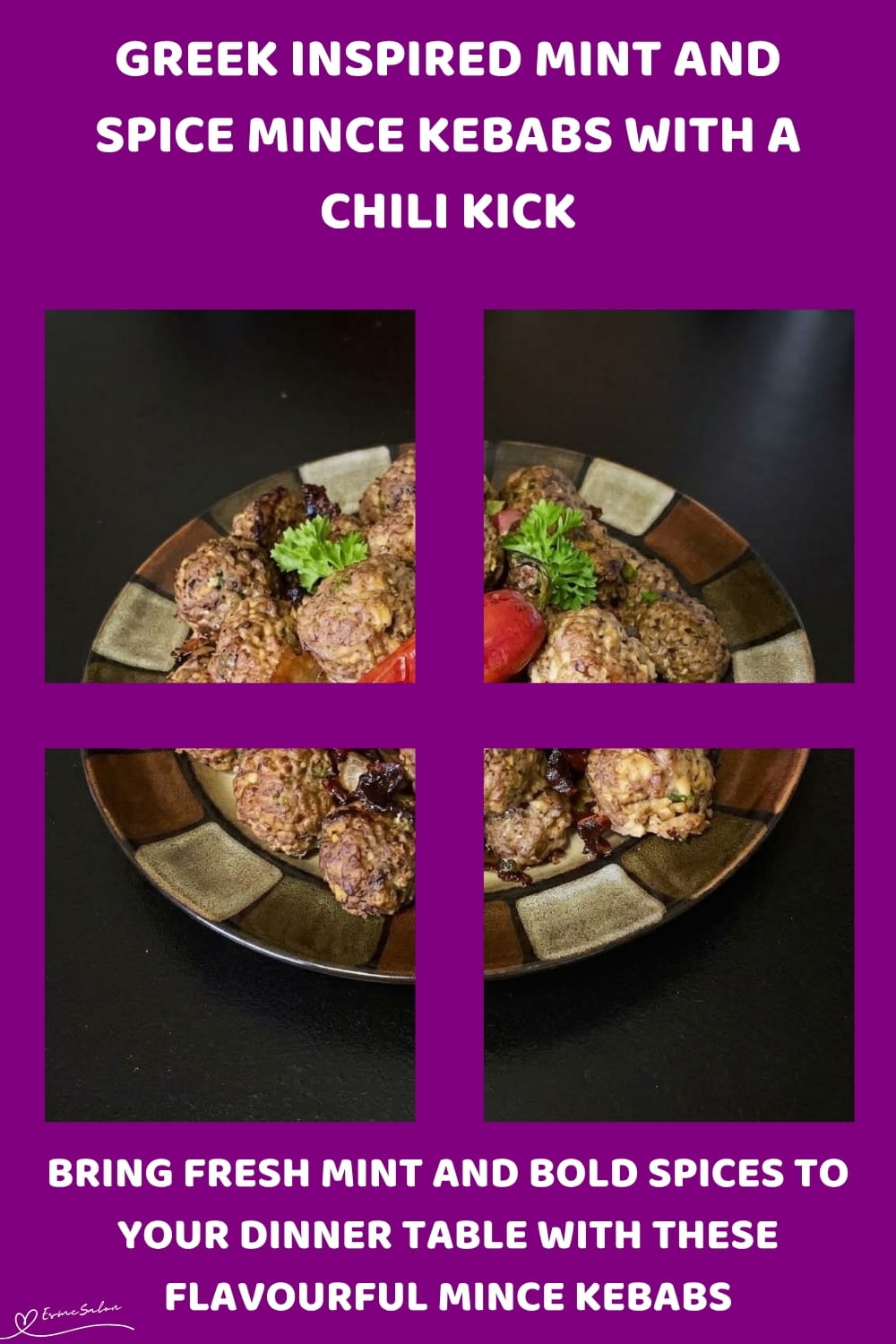 An image of a dish of Mint and Spice Mince Kebabs with flatbread and served with hummus