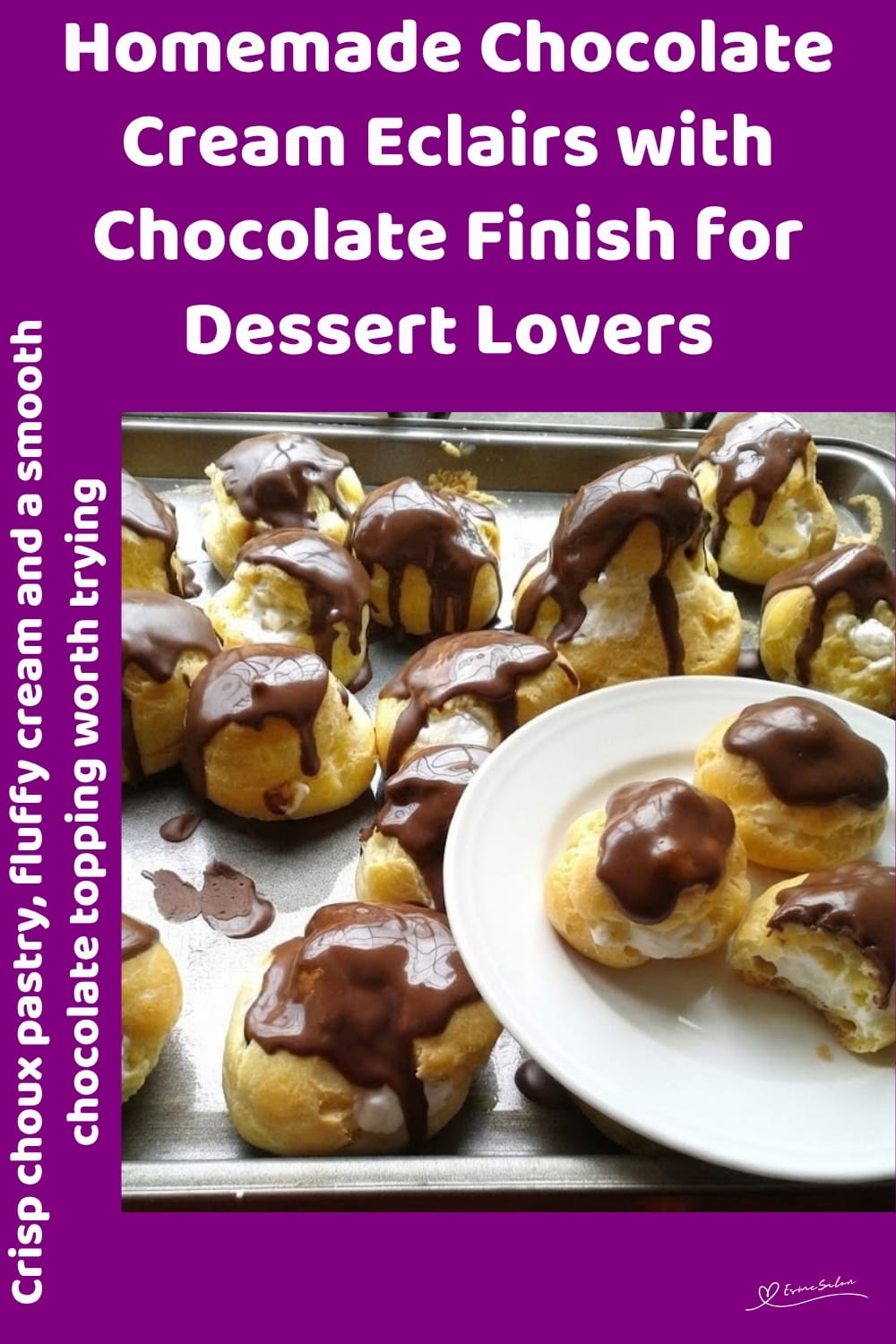 An image of a baking tray with Chocolate Cream Eclairs with Chocolate Finish
