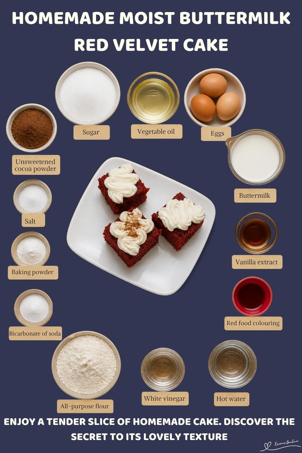 An image of cubes of Red Velvet Cake with Buttermilk and cream cheese frosting