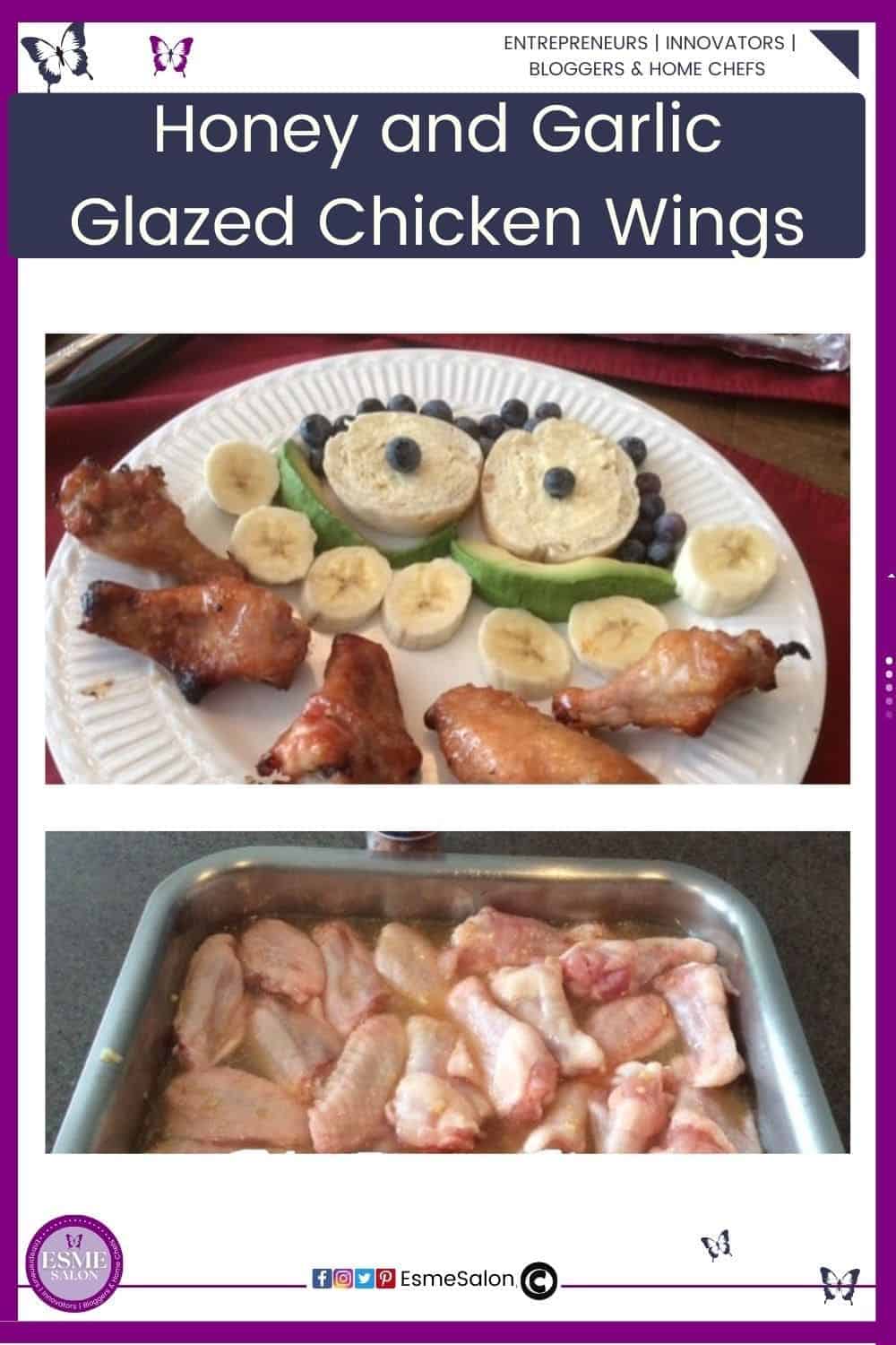 an image of a white dinner plate with 5 Honey and Garlic Glazed Chicken Wings, a buttered bun and some banana slices, avo slices and blue berries