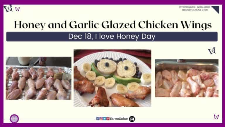 an image of raw chicken pieces on a wire rack already glazed as well as a plate of cooked chicken wings plated with bread, blueberries and banana slices