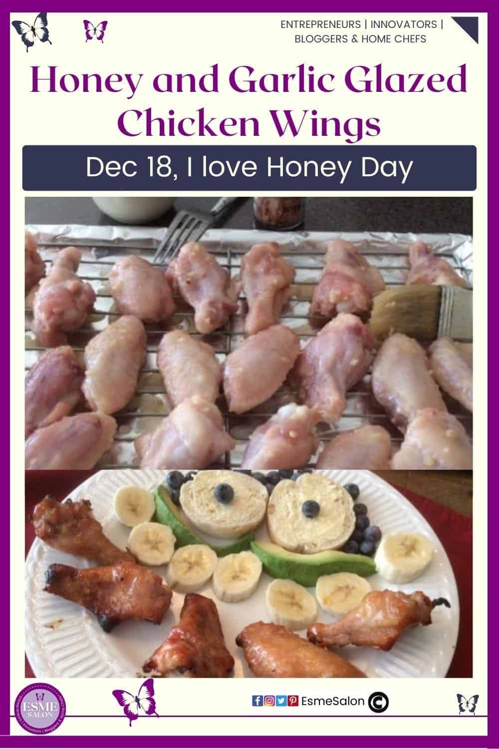 an image of raw chicken pieces on a wire rack already glazed as well as a plate of cooked chicken wings plated with bread, blueberries and banana slices