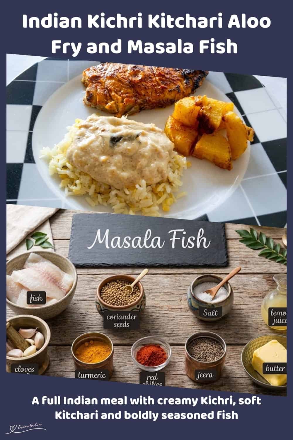An image of a creamy Kichri, moong dhal Kitchari, spiced potatoes and masala fish on one plate