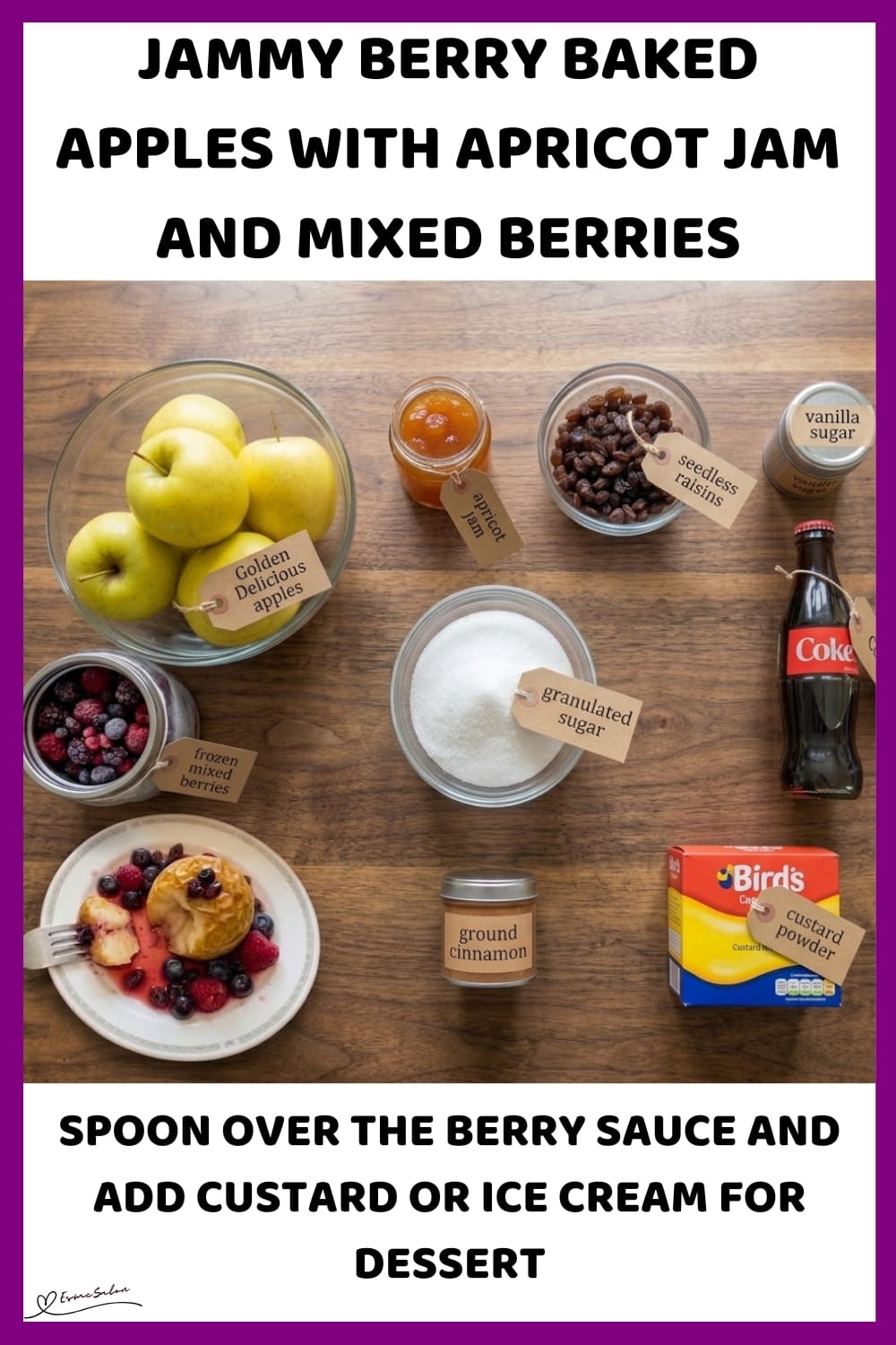 An image of a plate of Berry Baked Apples and a dish of tangy Berries on the side