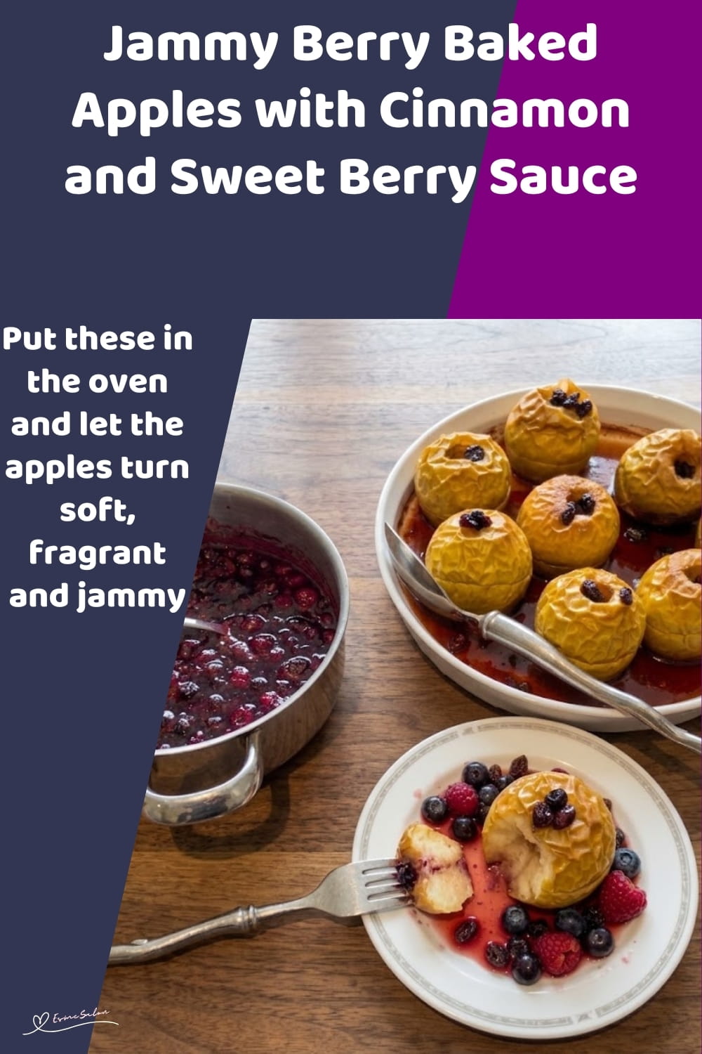 An image of a plate of Berry Baked Apples and a dish of tangy Berries on the side