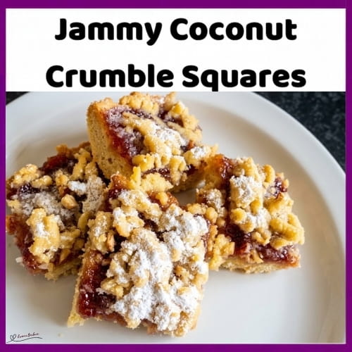 An image of crumble squares with strawberry or apricot jam and a topping of crumble with coconut, chopped nuts and icing to your liking