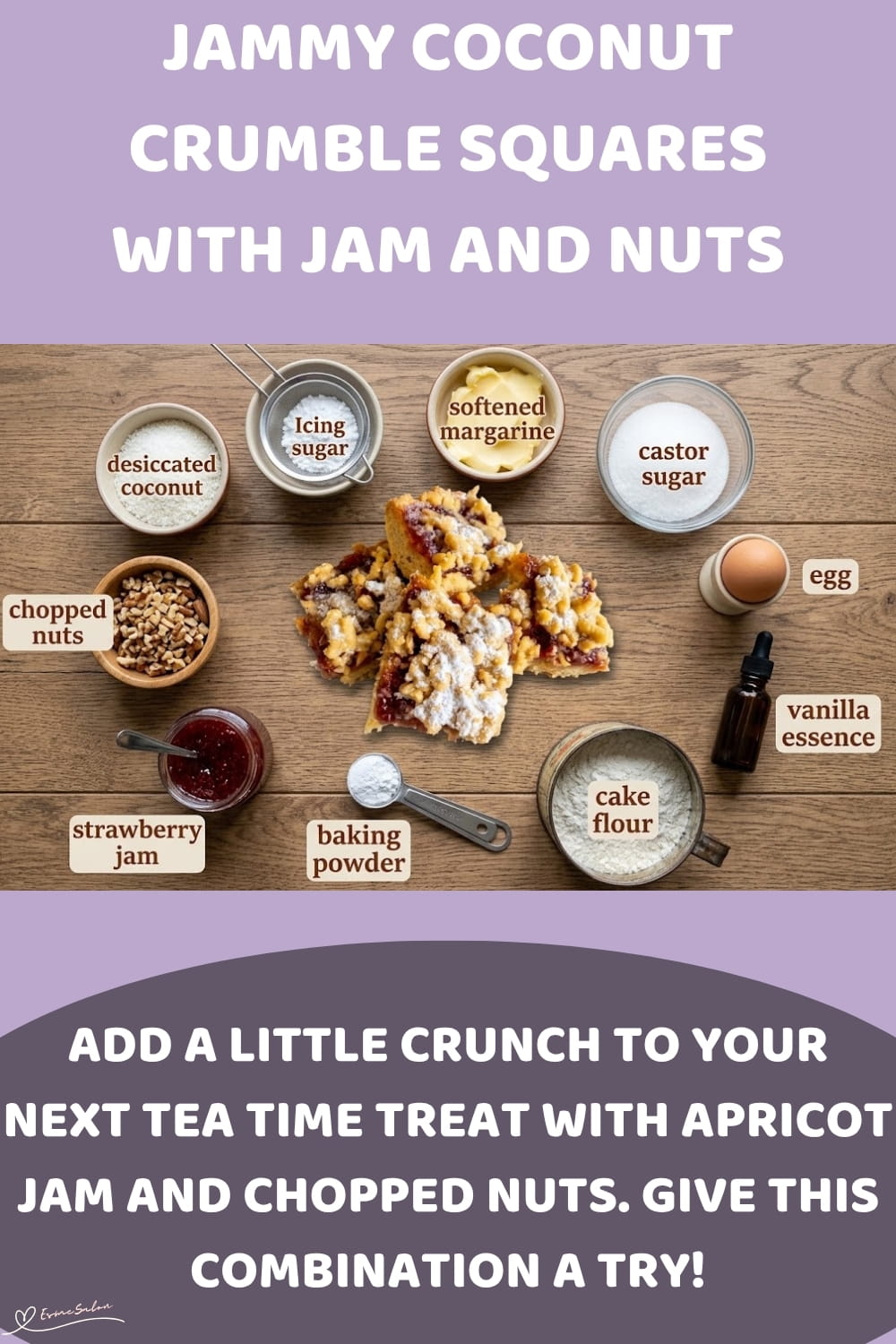 An image of crumble squares with strawberry or apricot jam and a topping of crumble with coconut, chopped nuts and icing to your liking