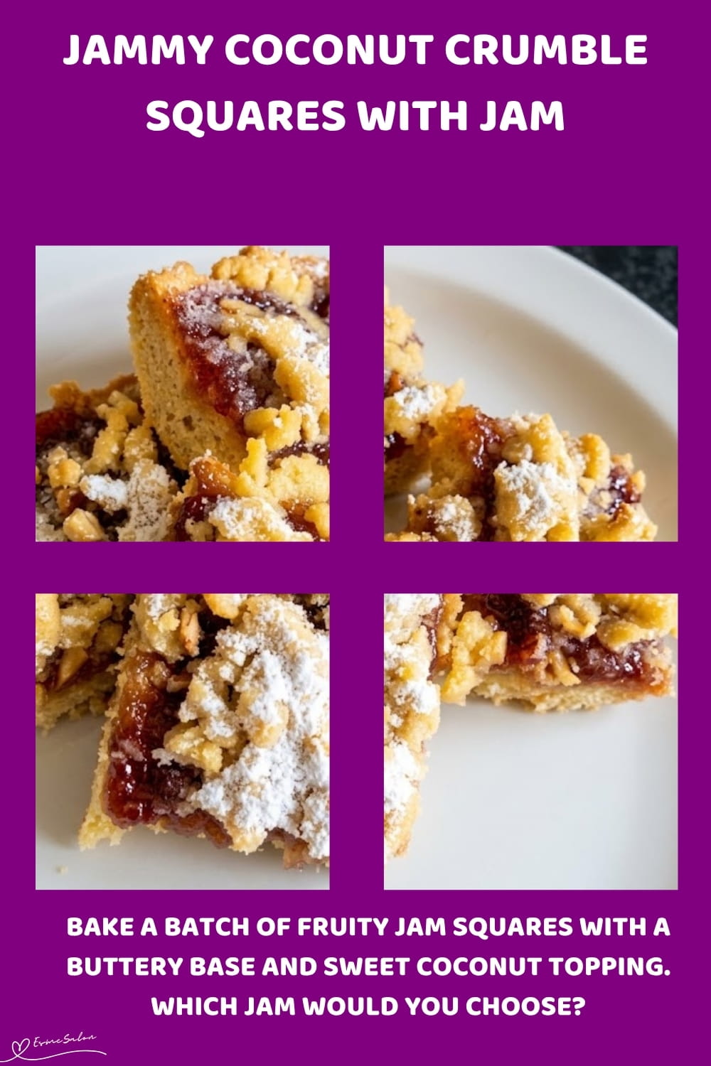 An image of crumble squares with strawberry or apricot jam and a topping of crumble with coconut, chopped nuts and icing to your liking