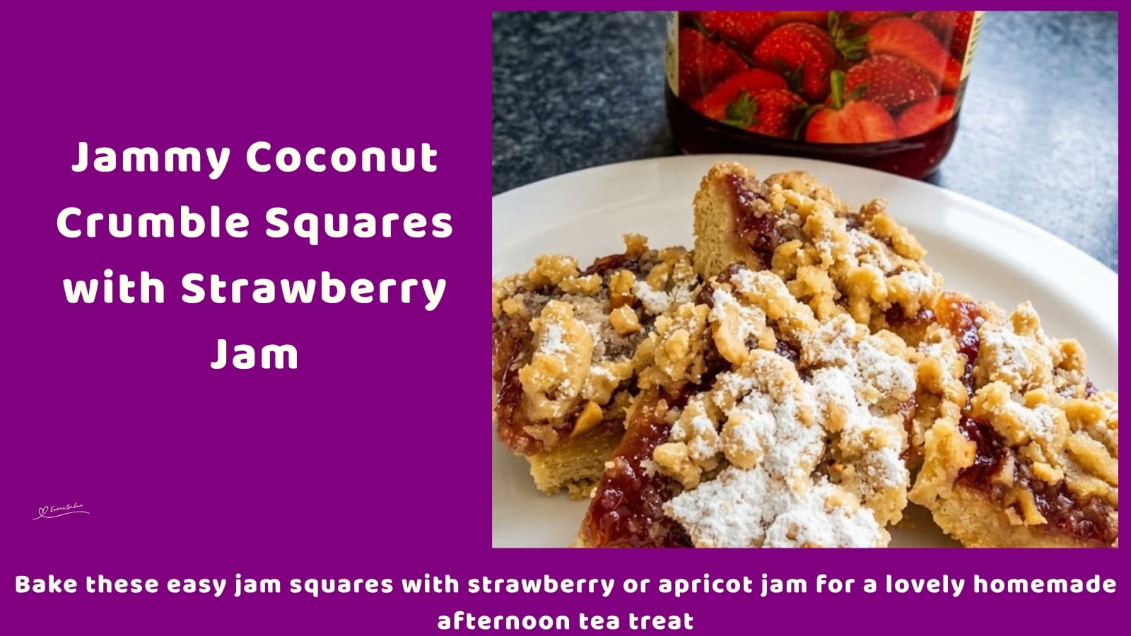 An image of crumble squares with strawberry or apricot jam and a topping of crumble with coconut, chopped nuts and icing to your liking