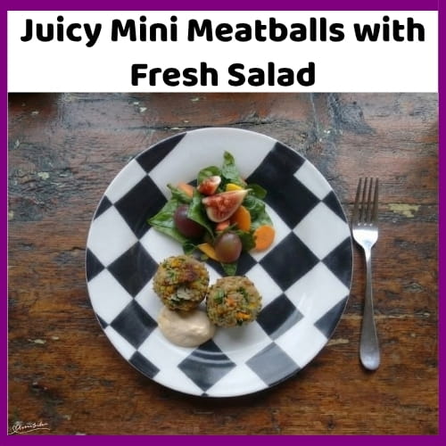 An image of a plate with Mini Meatballs with coriander, a touch of chili and a fresh Salad