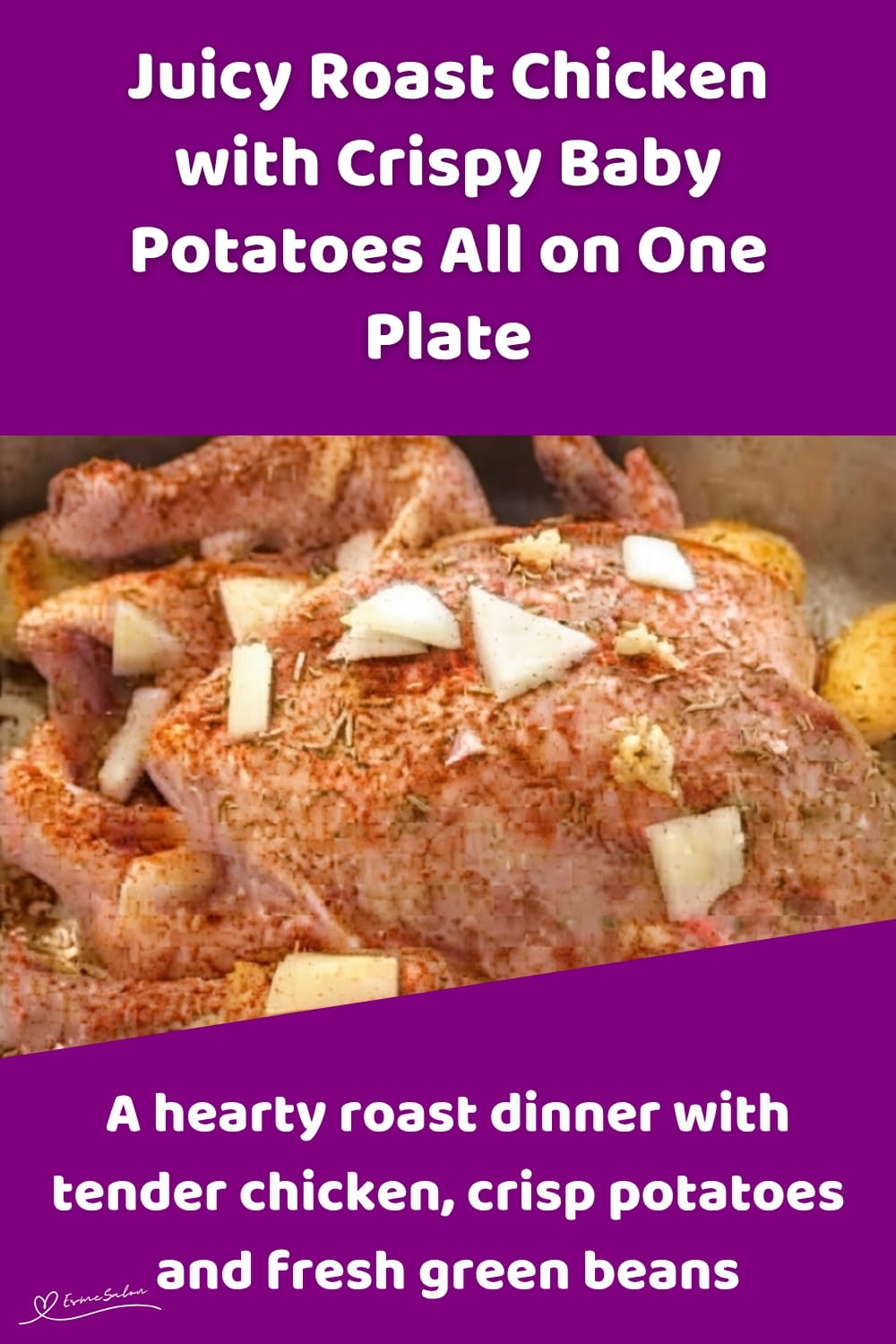 An image of a whole Roasted Chicken with Crispy Baby Potatoes and a side of green beans with grated Parmesan cheese