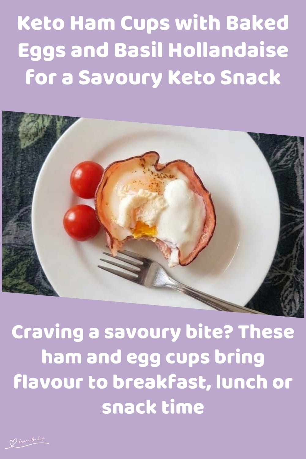 An image of a plate of Keto Ham Cups with Baked Eggs and Fresh Basil Mayo