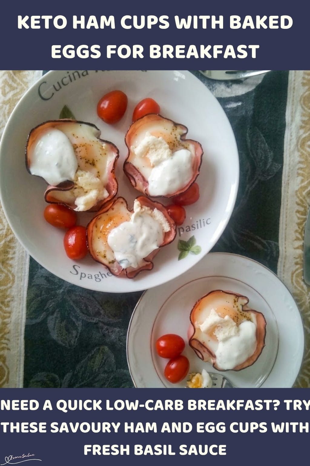 An image of a plate of Keto Ham Cups with Baked Eggs and Fresh Basil Mayo