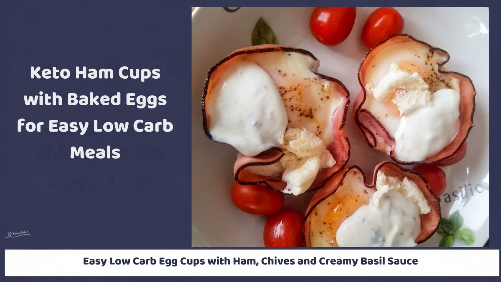 An image of a plate of Keto Ham Cups with Baked Eggs and Fresh Basil Mayo