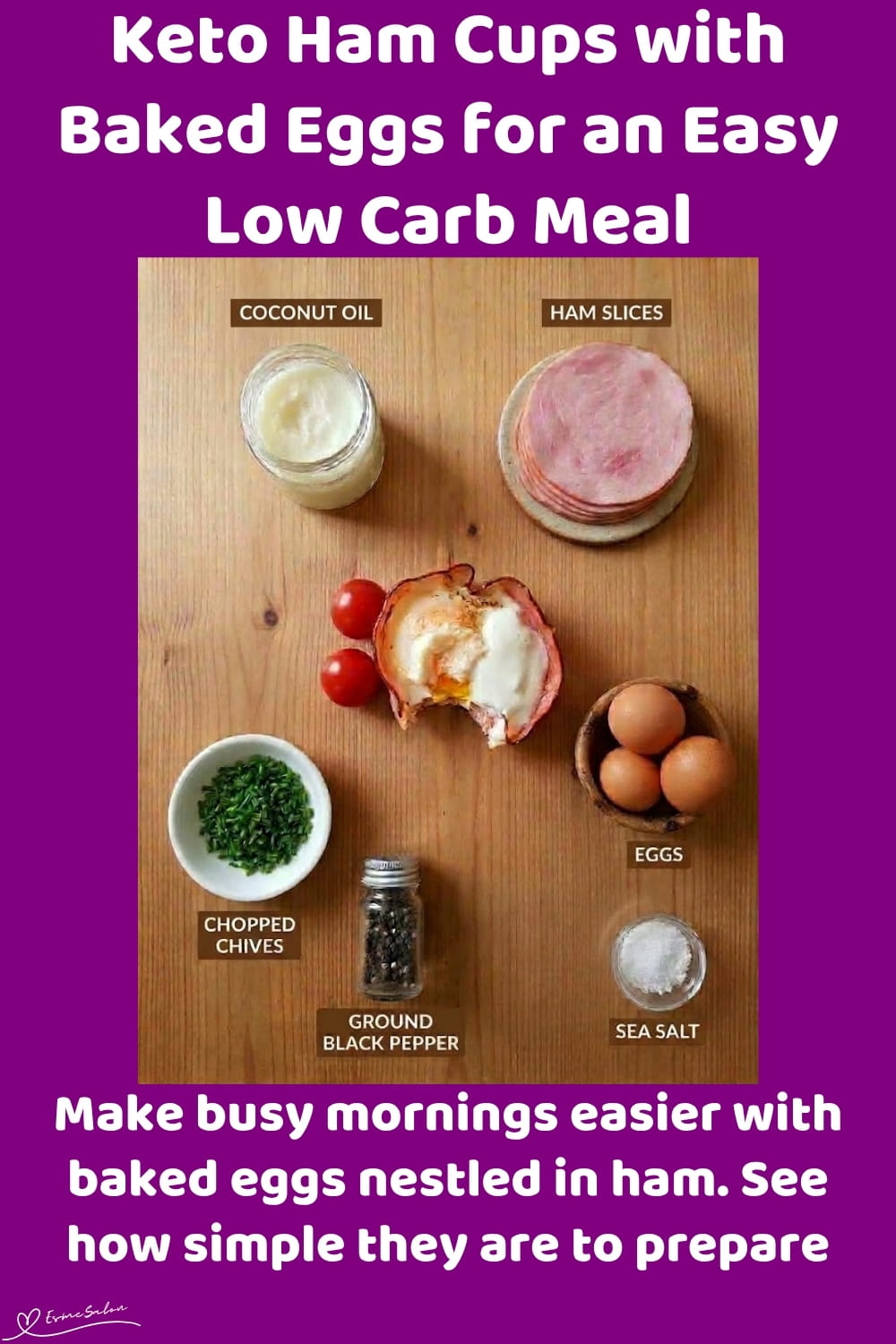 An image of a plate of Keto Ham Cups with Baked Eggs and Fresh Basil Mayo