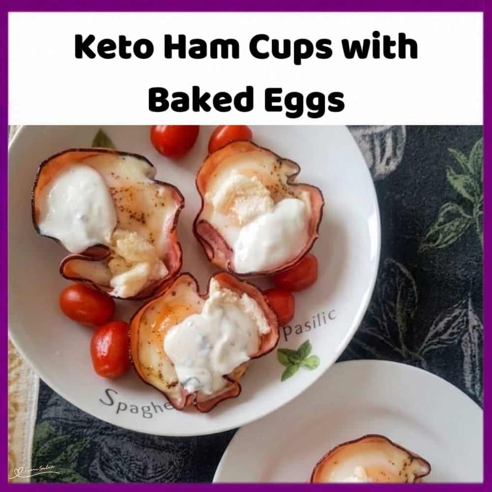 An image of a plate of Keto Ham Cups with Baked Eggs and Fresh Basil Mayo