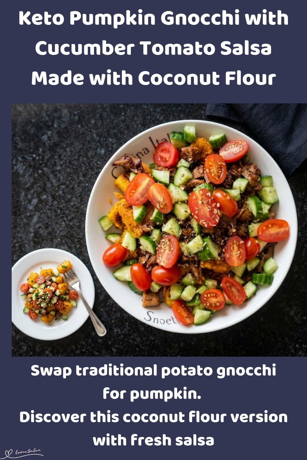 An image of a plate with Pumpkin Gnocchi (no potato), almond flour, coconut flour, ricotta, and a little psyllium husk to help hold everything together with Cucumber Tomato Salsa