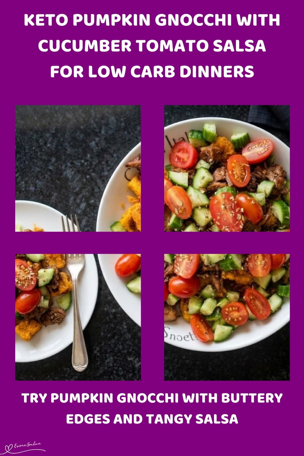 An image of a plate with Pumpkin Gnocchi (no potato), almond flour, coconut flour, ricotta, and a little psyllium husk to help hold everything together with Cucumber Tomato Salsa