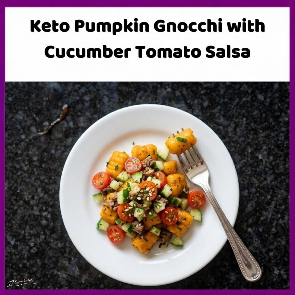 An image of a plate with Pumpkin Gnocchi (no potato), almond flour, coconut flour, ricotta, and a little psyllium husk to help hold everything together with Cucumber Tomato Salsa