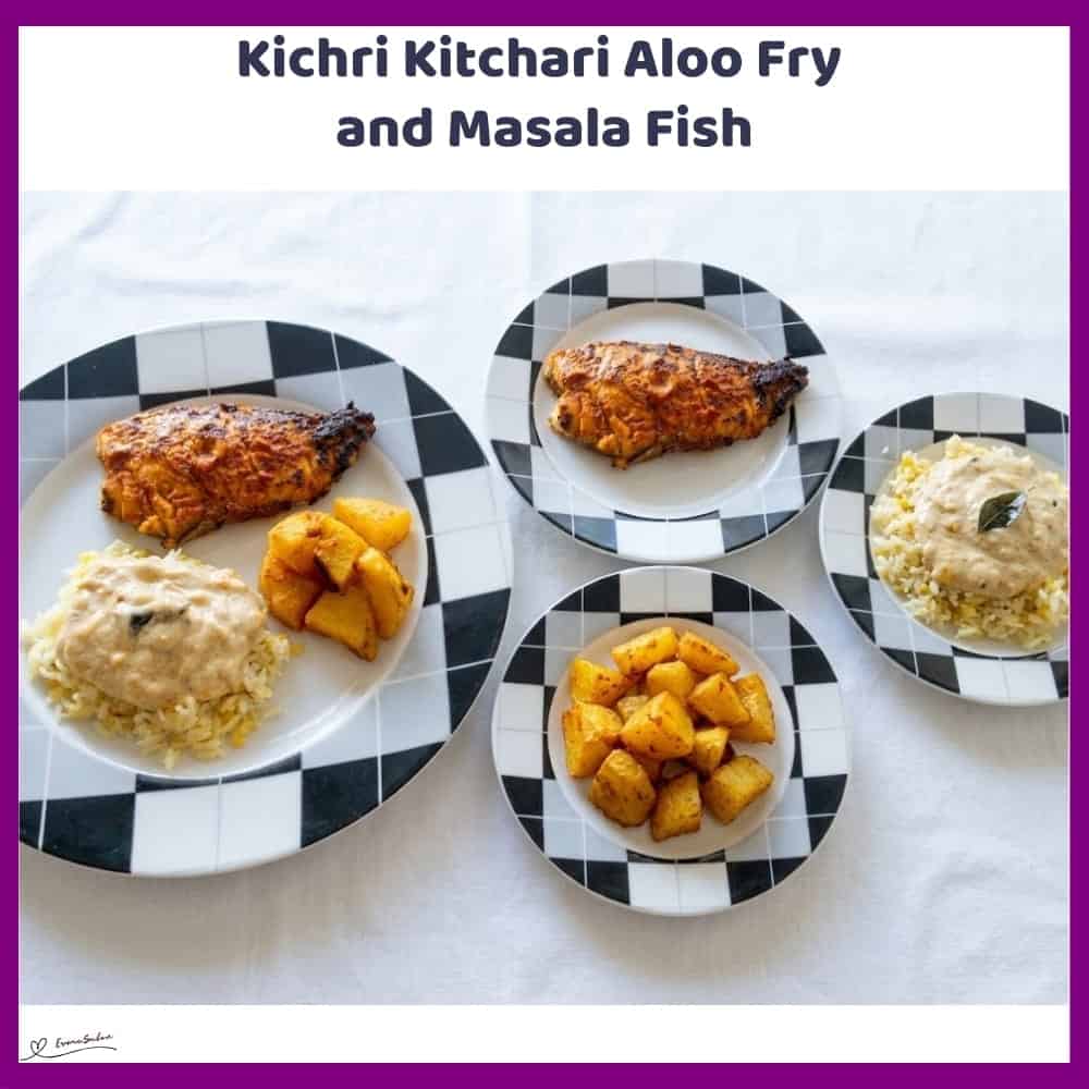 An image of a creamy Kichri, moong dhal Kitchari, spiced potatoes and masala fish on one plate