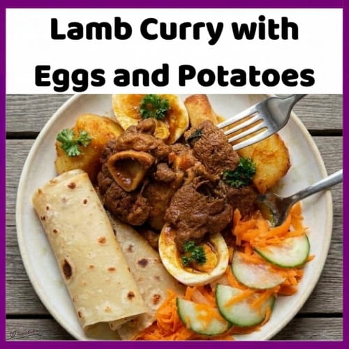 An image of a plate with Lamb Curry with hard-boiled eggs, tender meat and soft potatoes