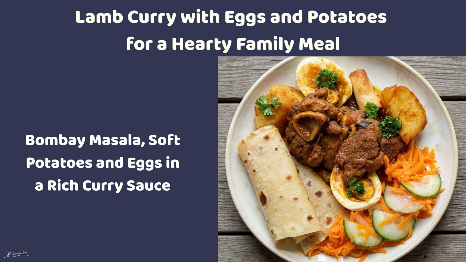 An image of a plate with Lamb Curry with hard-boiled eggs, tender meat and soft potatoes