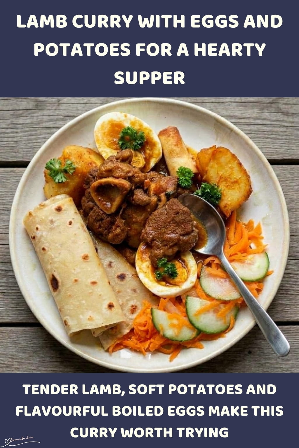 An image of a plate with Lamb Curry with hard-boiled eggs, tender meat and soft potatoes