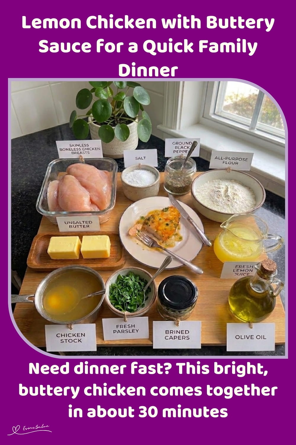 An image of a pan with 4 pieces of Lemon Chicken with Buttery Sauce