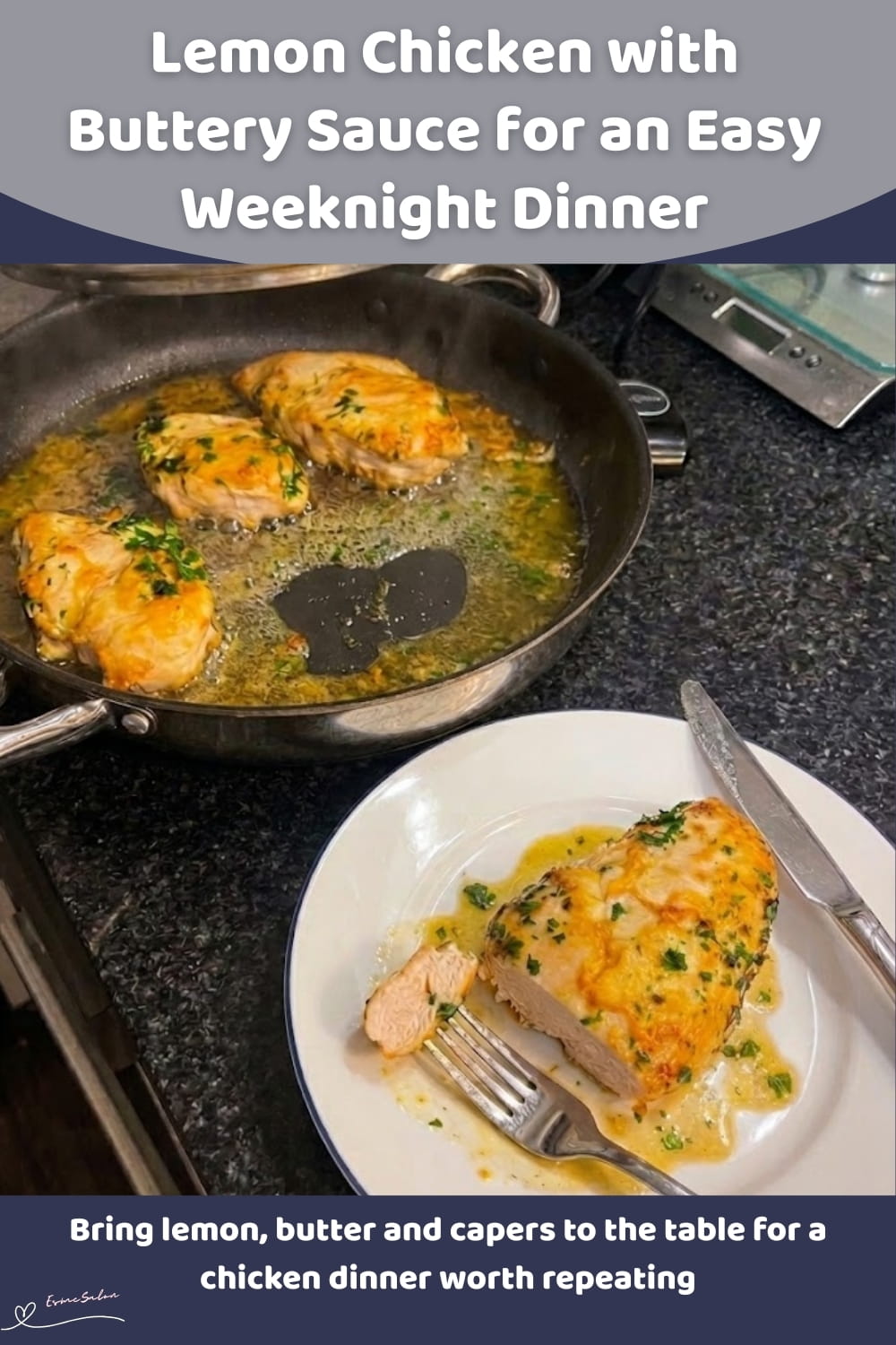 An image of a pan with 4 pieces of Lemon Chicken with Buttery Sauce